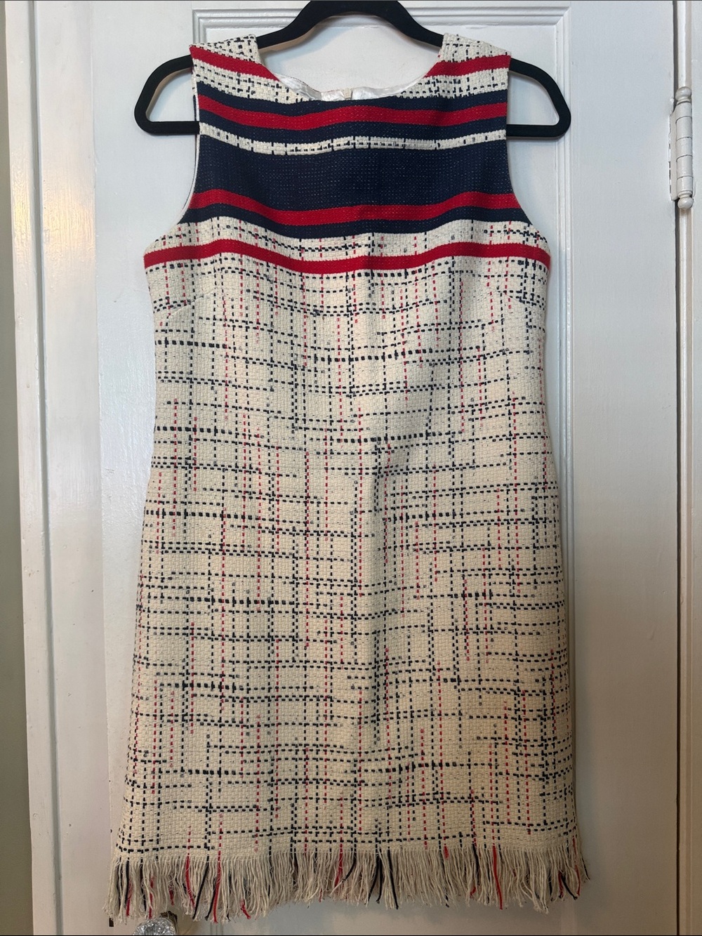 Vilagallo Ivory Tweed Sleeveless Shift Dress with Navy & Red Trim